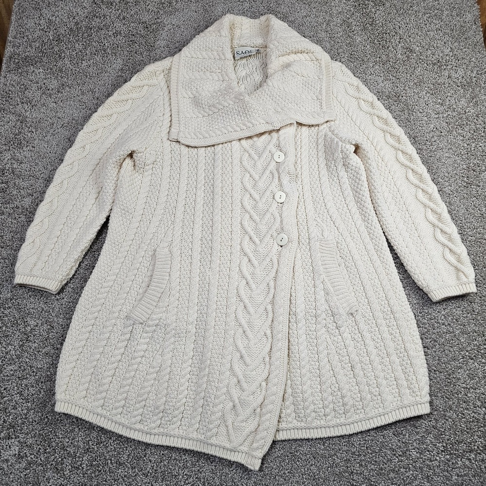 SAOL Ireland Aran Cable Knit Cardigan Coat Womens XXL Ivory 100% Merino Wool